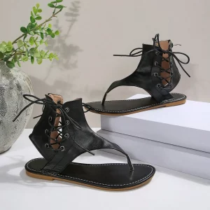 Women's Fashion Flat Thong Lace-Up Back Zipper Low Heel Roman Sandals