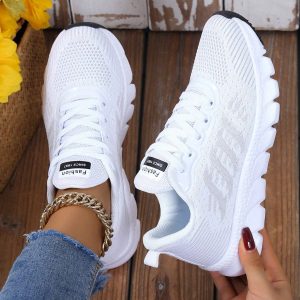 Ladies Lightweight Fabric Sports Shoes With Stripe Decoration, Lace-Up, Non-Slip Sole