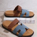 Women's H-Strap Denim & Leather Platform Slide Sandals