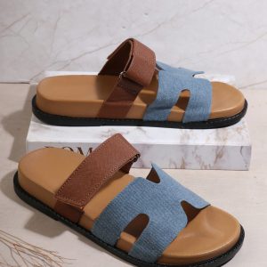 Women's H-Strap Denim & Leather Platform Slide Sandals