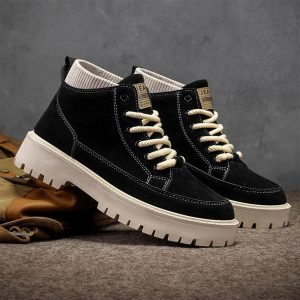 Men's Retro Black Suede High Top Platform Ankle Boots, Casual Chunky Sole Work Boots